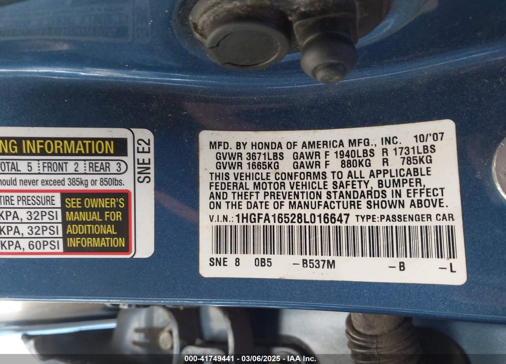 2008 HONDA CIVIC VIN: 1HGFA16528L016647