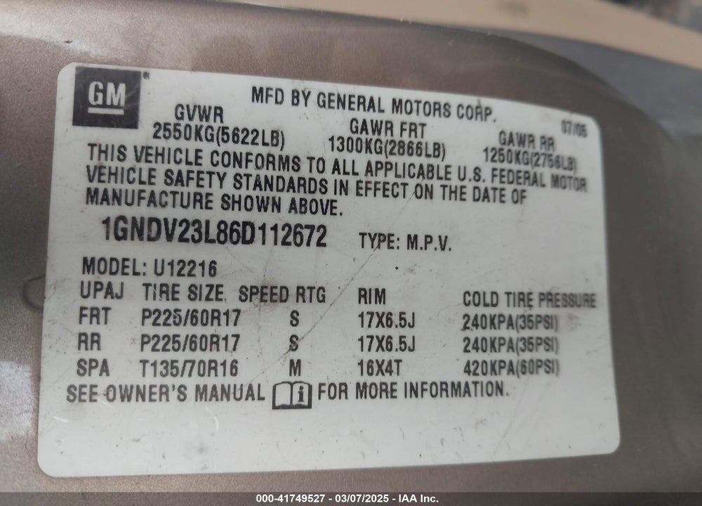 2006 CHEVROLET UPLANDER VIN: 1GNDV23L86D112672