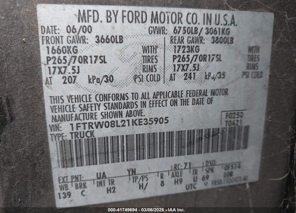 2001 FORD F-150 VIN: 1FTRW08L21KE35905