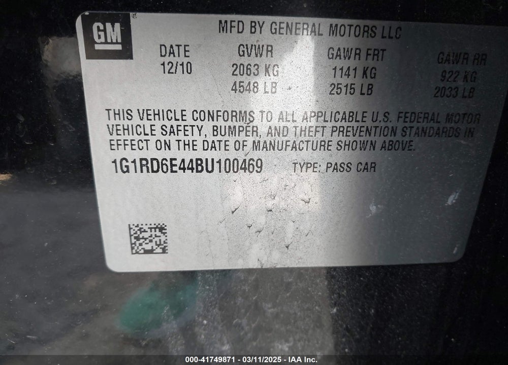 2011 CHEVROLET VOLT VIN: 1G1RD6E44BU100469
