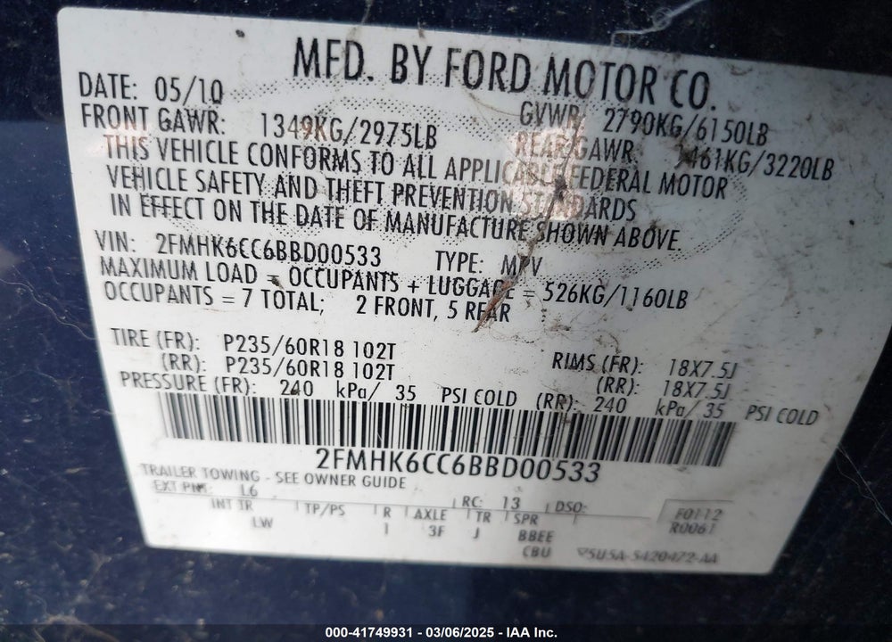 2011 FORD FLEX SEL VIN: 2FMHK6CC6BBD00533