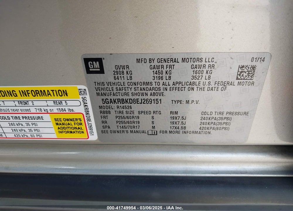 2014 BUICK ENCLAVE LEATHER VIN: 5GAKRBKD8EJ269151
