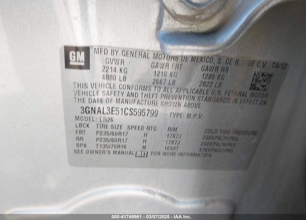 2012 CHEVROLET CAPTIVA SPORT LT VIN: 3GNAL3E51CS595799