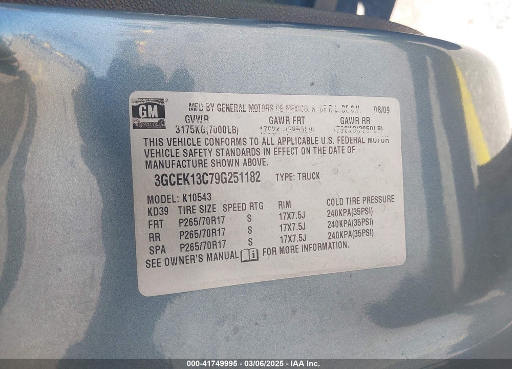 2009 CHEVROLET SILVERADO 1500 VIN: 3GCEK13C79G251182