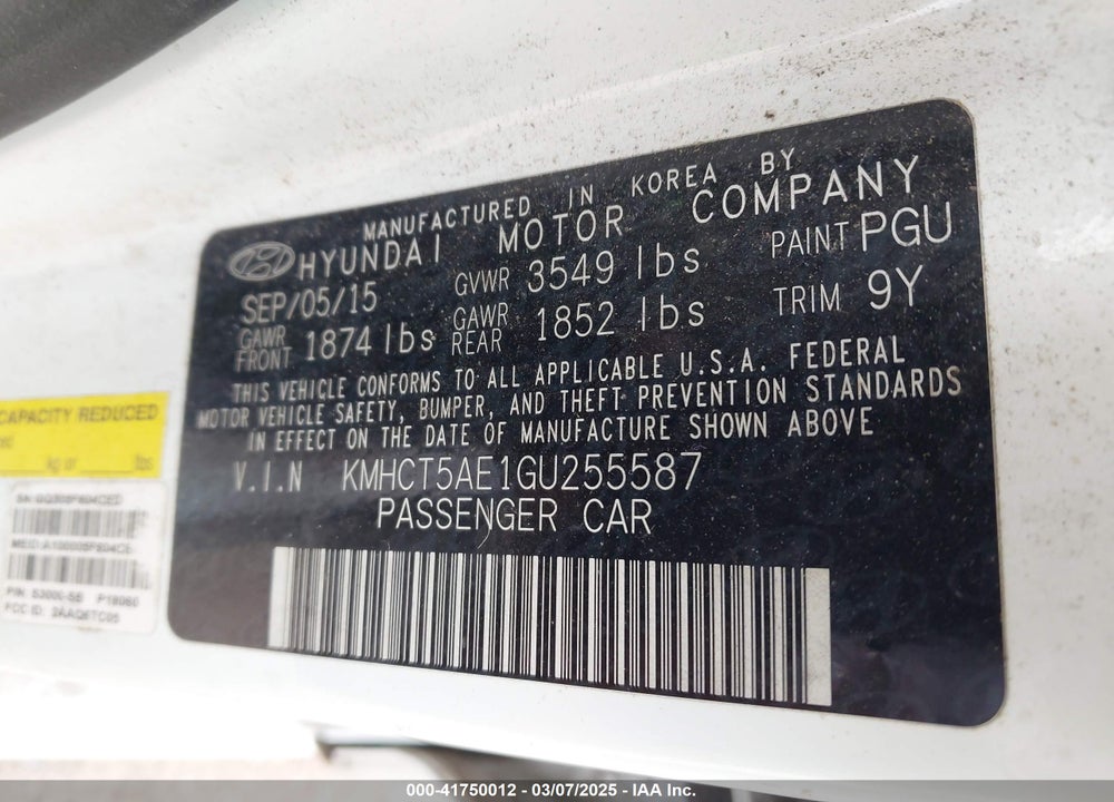 2016 HYUNDAI ACCENT VIN: KMHCT5AE1GU255587