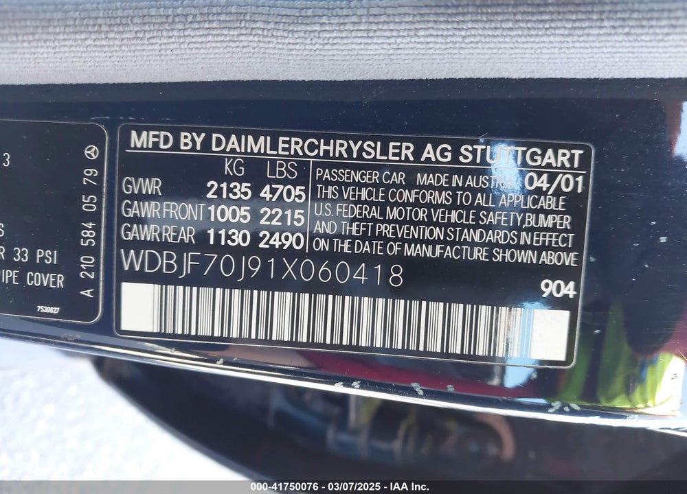 2001 MERCEDES-BENZ E 430 VIN: WDBJF70J91X060418