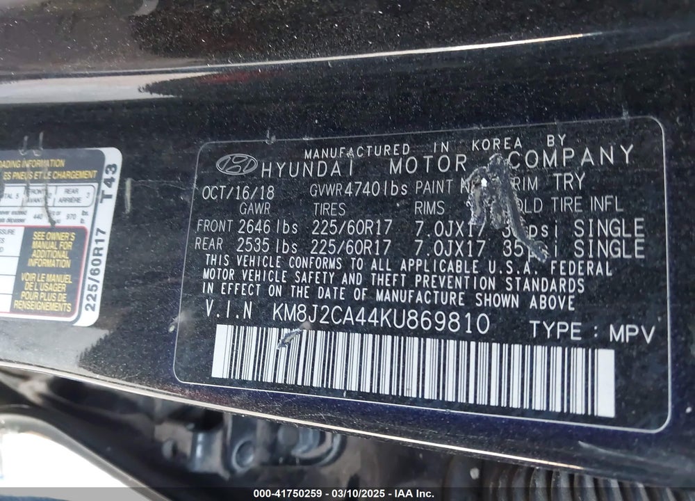 2019 HYUNDAI TUCSON VIN: KM8J2CA44KU869810