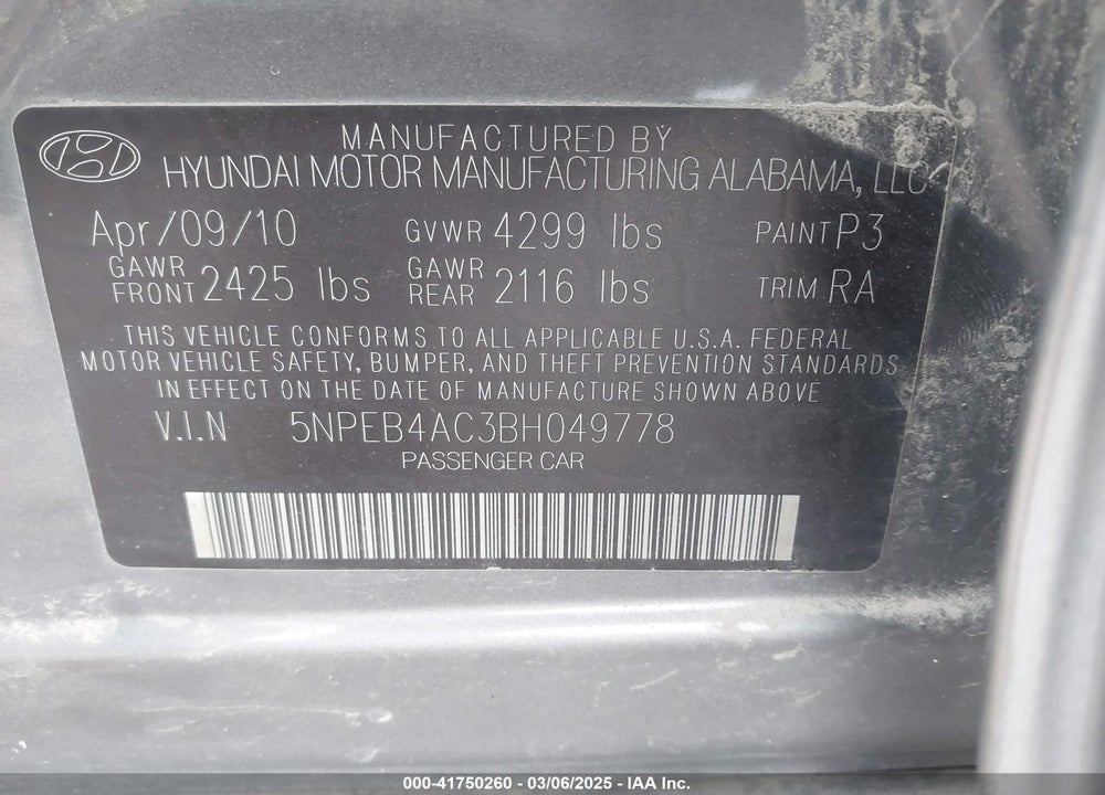 2011 HYUNDAI SONATA VIN: 5NPEB4AC3BH049778