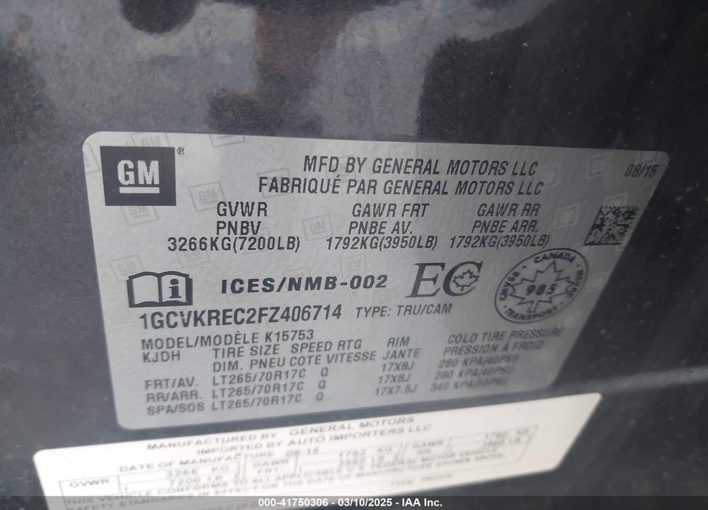 2015 CHEVROLET SILVERADO 1500 1LT/2LT VIN: 1GCVKREC2FZ406714