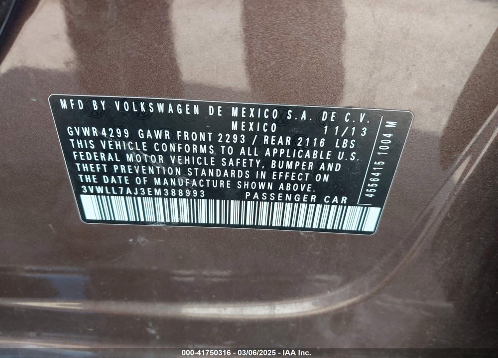 2014 VOLKSWAGEN JETTA VIN: 3VWLL7AJ3EM388993