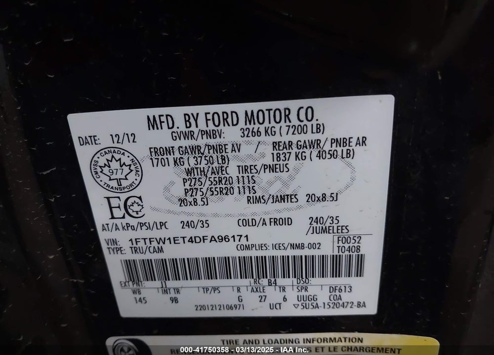2013 FORD F-150 PLATINUM VIN: 1FTFW1ET4DFA96171