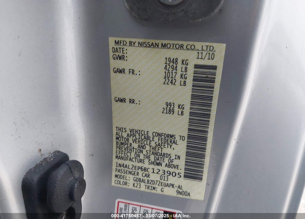 2011 NISSAN ALTIMA VIN: 1N4AL2EP6BC123905