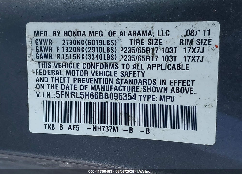 2011 HONDA ODYSSEY VIN: 5FNRL5H66BB096354