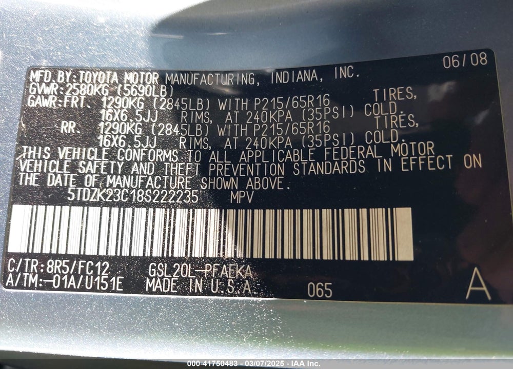 2008 TOYOTA SIENNA VIN: 5TDZK23C18S222235