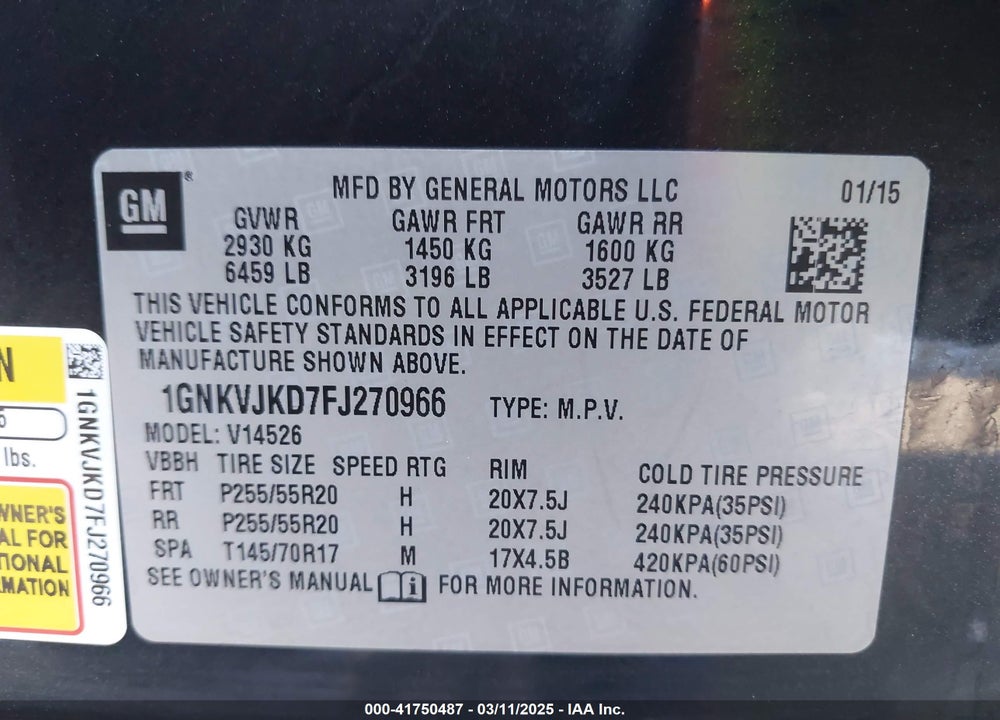 2015 CHEVROLET TRAVERSE VIN: 1GNKVJKD7FJ270966