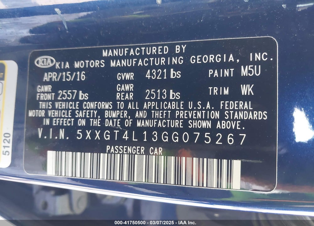2016 KIA OPTIMA VIN: 5XXGT4L13GG075267