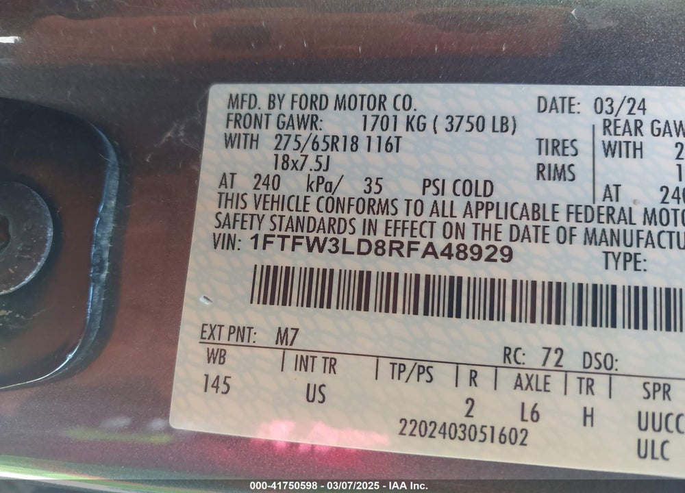 2024 FORD F-150 VIN: 1FTFW3LD8RFA48929