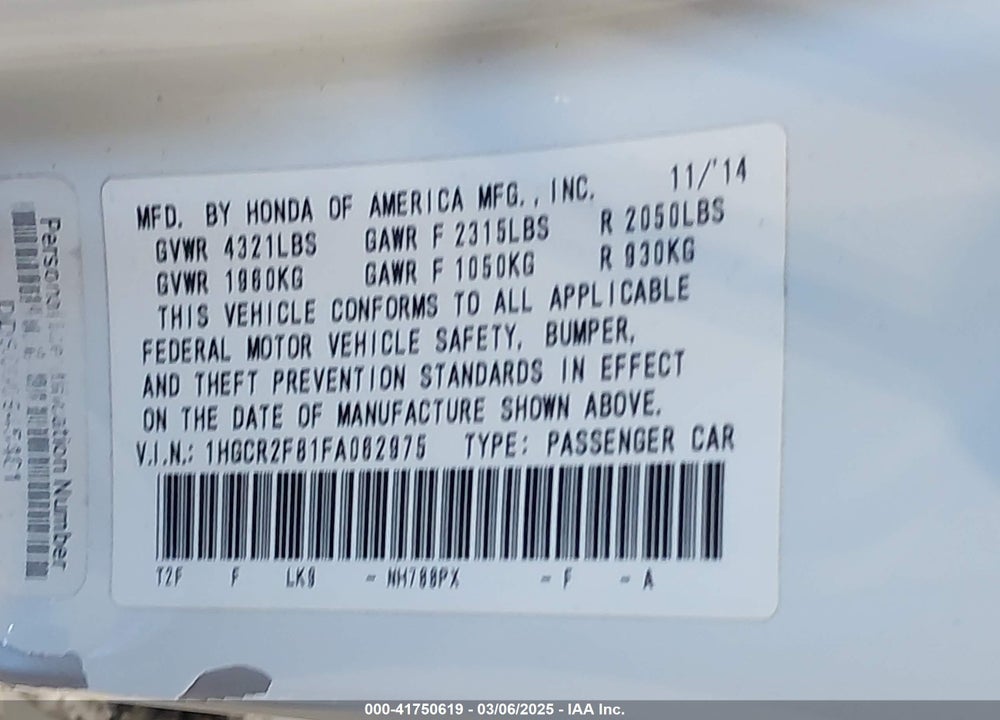 2015 HONDA ACCORD VIN: 1HGCR2F81FA062975