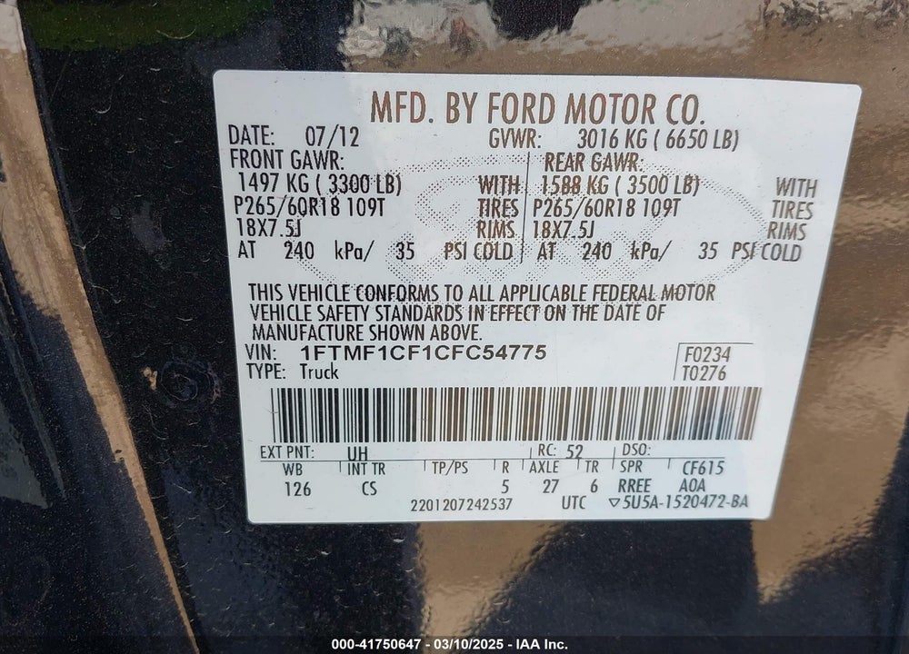 2012 FORD F-150 VIN: 1FTMF1CF1CFC54775