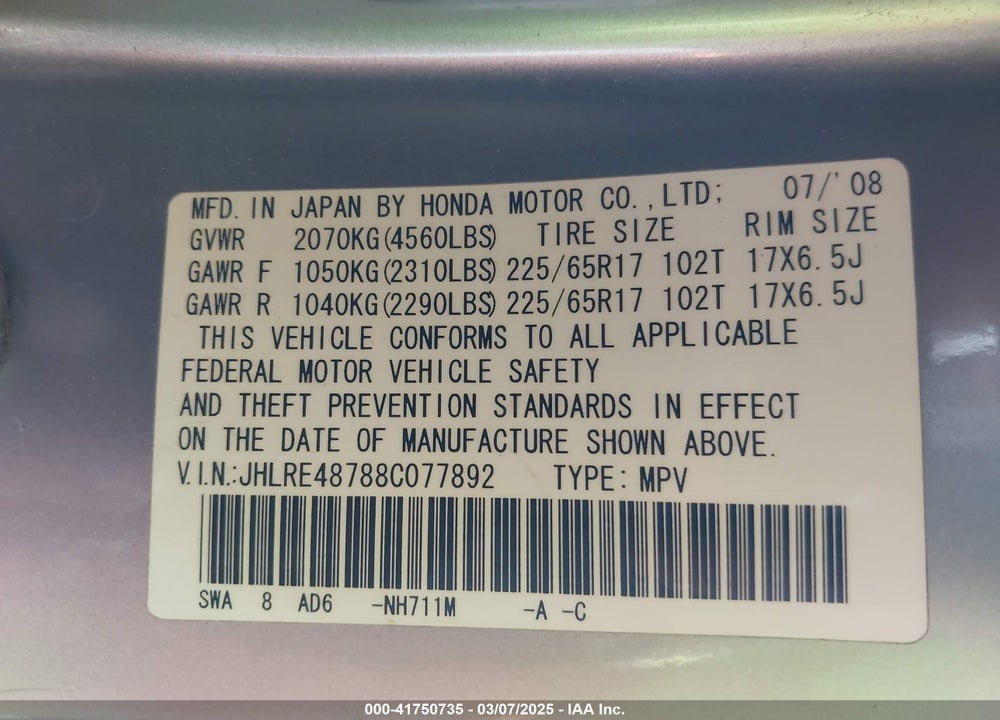 2008 HONDA CR-V EX-L VIN: JHLRE48788C077892