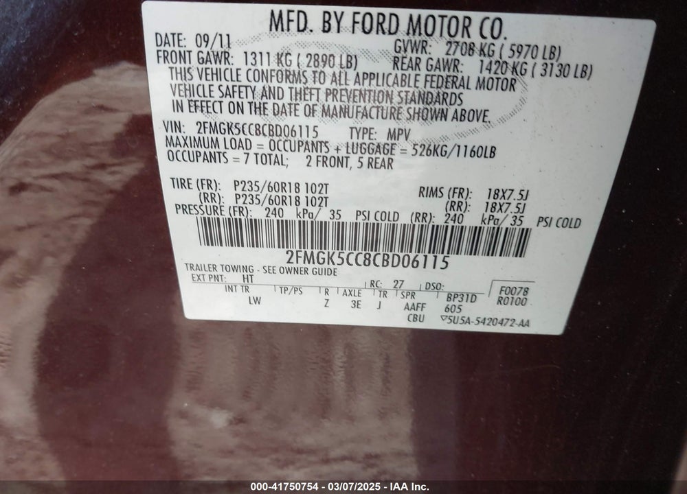 2012 FORD FLEX VIN: 2FMGK5CC8CBD06115