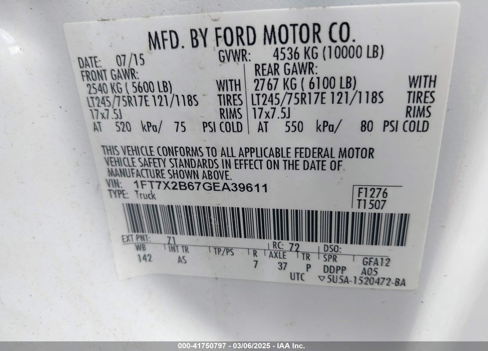 2016 FORD F250 VIN: 1FT7X2B67GEA39611
