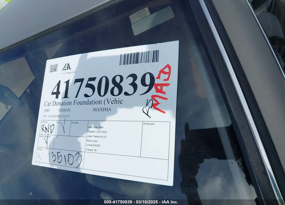 1989 NISSAN MAXIMA VIN: JN1HJ01P9KT232175