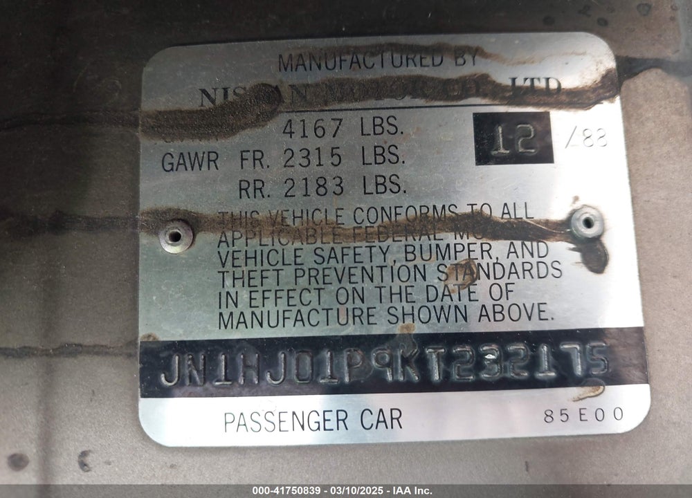 1989 NISSAN MAXIMA VIN: JN1HJ01P9KT232175