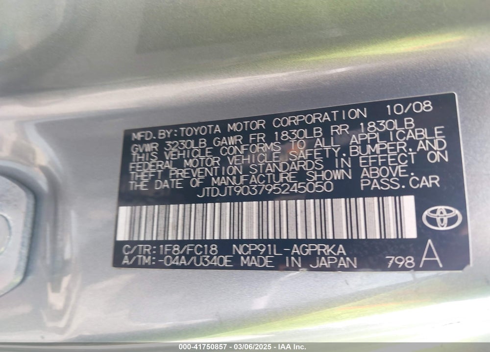 2009 TOYOTA YARIS VIN: JTDJT903795245050