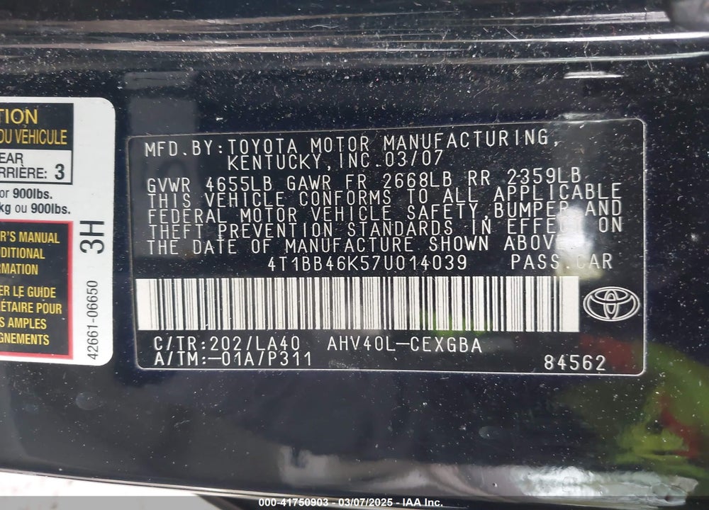 2007 TOYOTA CAMRY HYBRID VIN: 4T1BB46K57U014039