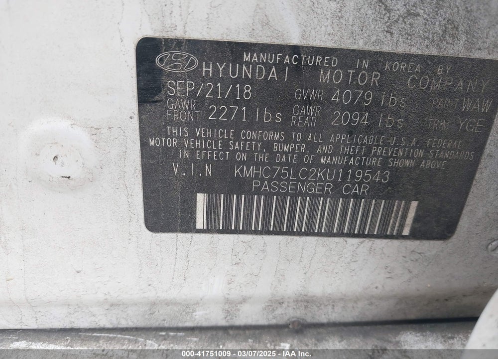 2019 HYUNDAI IONIQ HYBRID VIN: KMHC75LC2KU119543