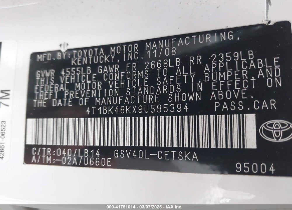 2009 TOYOTA CAMRY VIN: 4T1BK46KX9U595394