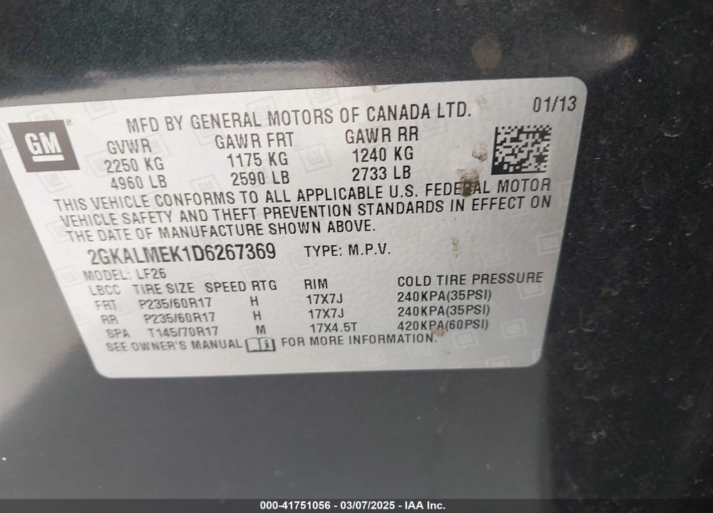 2013 GMC TERRAIN VIN: 2GKALMEK1D6267369