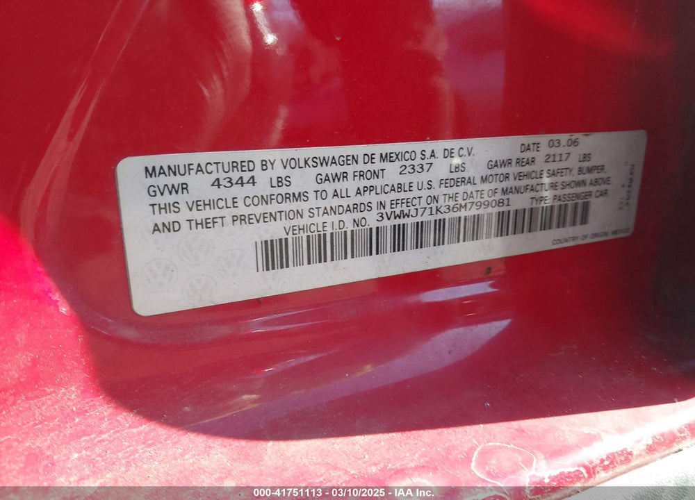 2006 VOLKSWAGEN JETTA VIN: 3VWWJ71K36M799081
