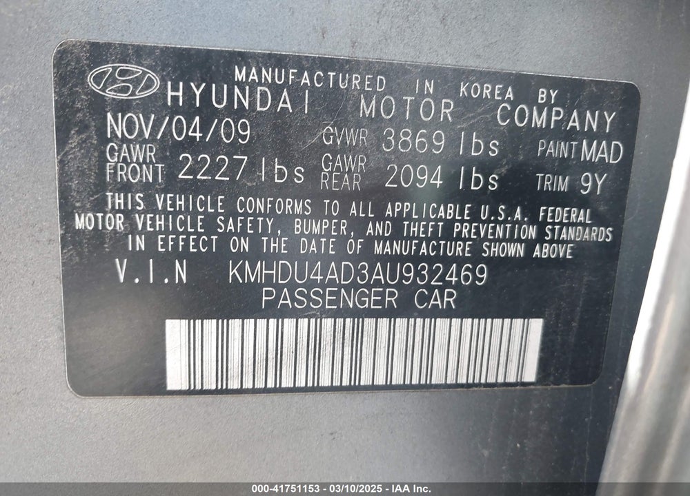 2010 HYUNDAI ELANTRA VIN: KMHDU4AD3AU932469