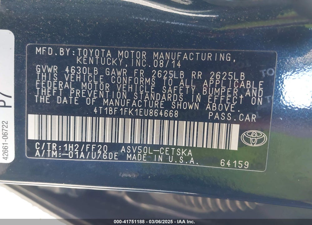 2014 TOYOTA CAMRY VIN: 4T1BF1FK1EU864668