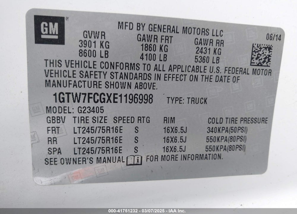 2014 GMC SAVANA VIN: 1GTW7FCGXE1196998