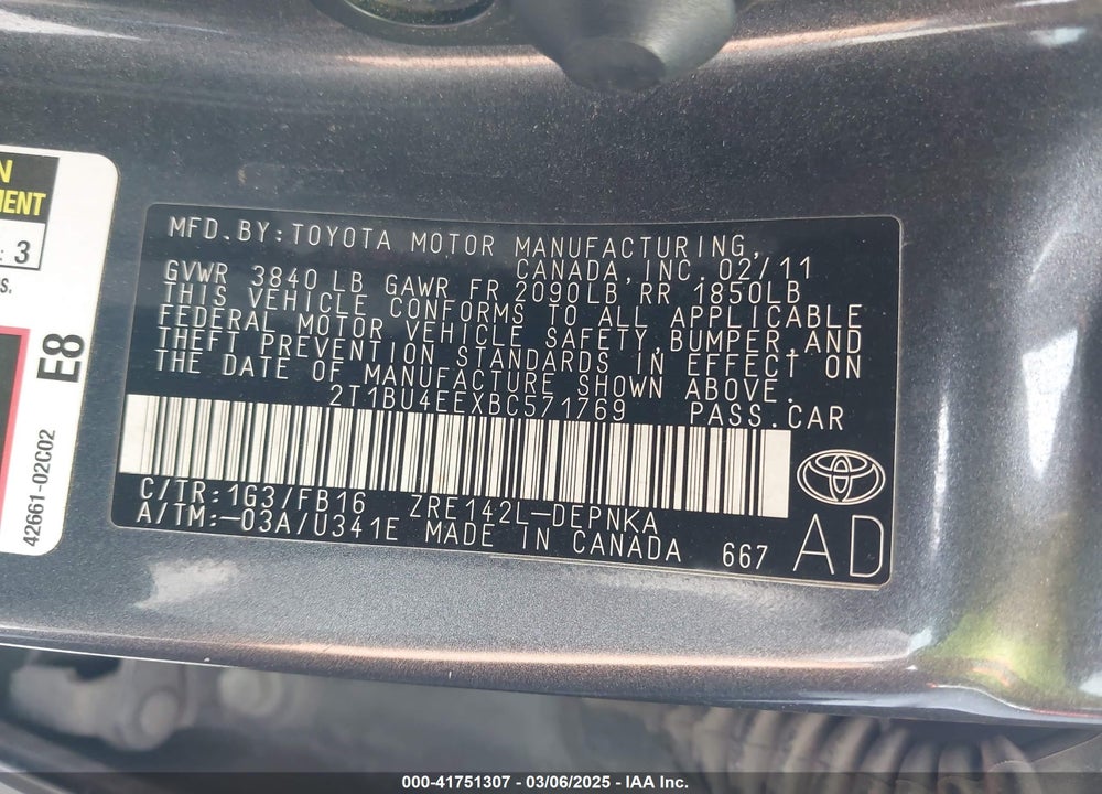 2011 TOYOTA COROLLA LE VIN: 2T1BU4EEXBC571769