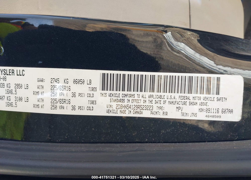 2009 DODGE GRAND CARAVAN VIN: 2D8HN54129R523223