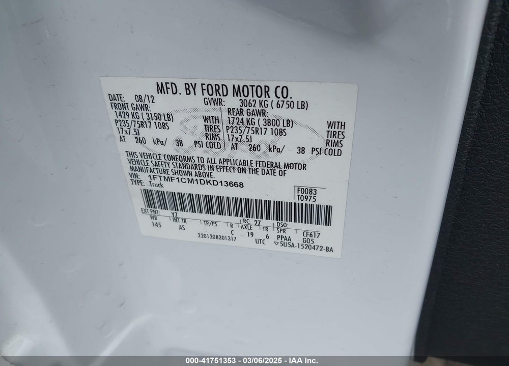 2013 FORD F-150 VIN: 1FTMF1CM1DKD13668
