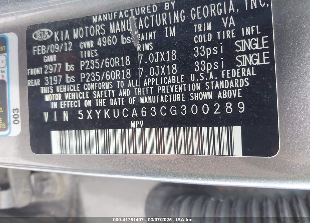 2012 KIA SORENTO VIN: 5XYKUCA63CG300289