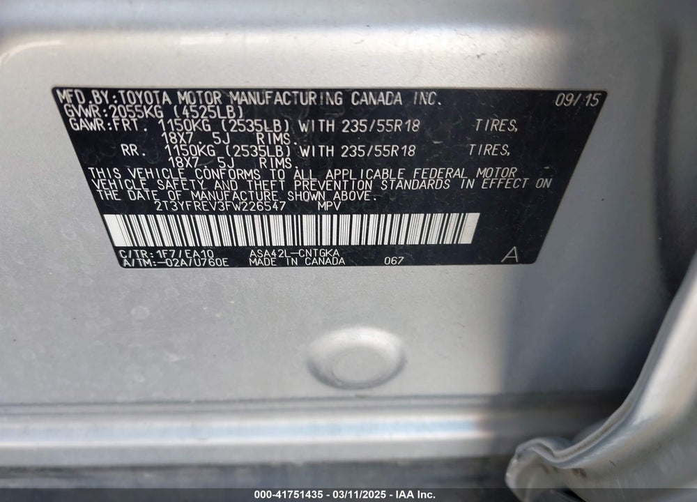 2015 TOYOTA RAV4 VIN: 2T3YFREV3FW226547
