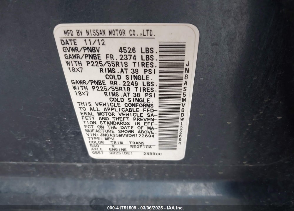 2013 NISSAN ROGUE SV W/SL PKG VIN: JN8AS5MV8DW122694