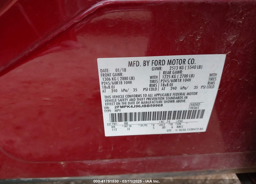 2018 FORD EDGE VIN: 2FMPK4J96JBB59968