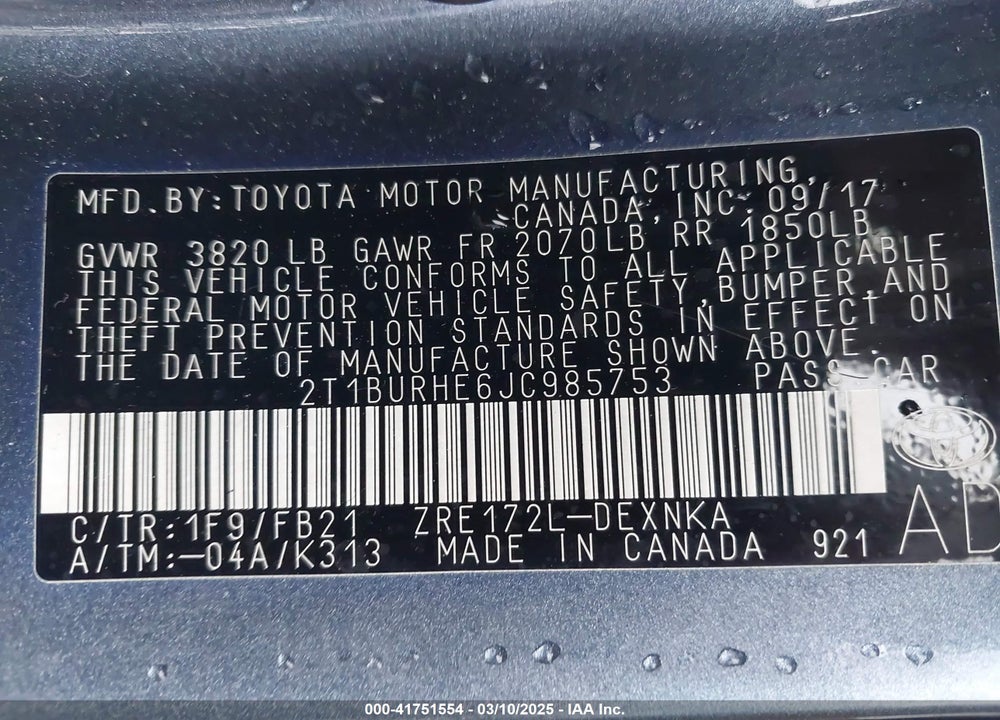 2018 TOYOTA COROLLA VIN: 2T1BURHE6JC985753