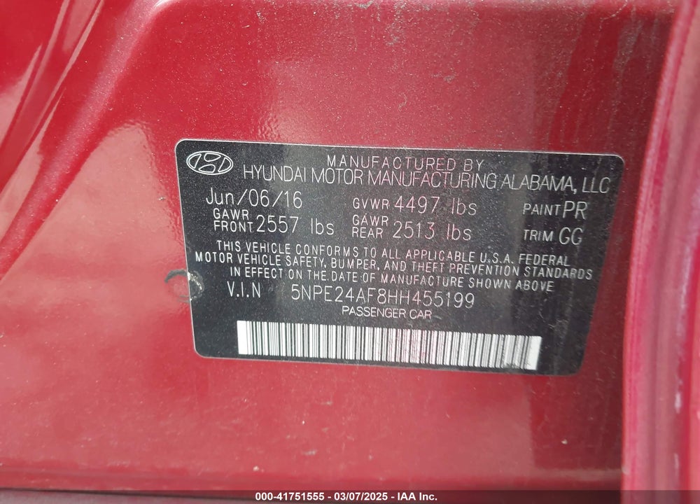 2017 HYUNDAI SONATA VIN: 5NPE24AF8HH455199
