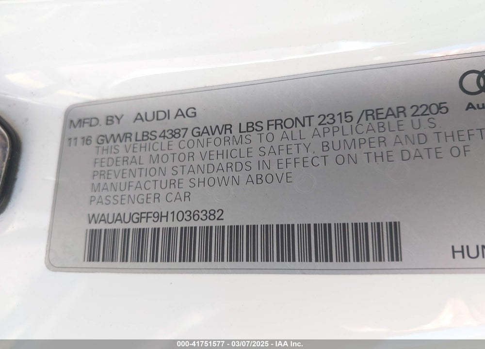2017 AUDI A3 2.0T PREMIUM VIN: WAUAUGFF9H1036382