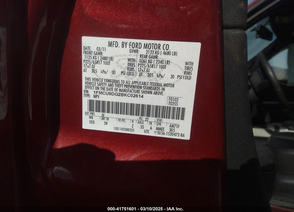 2011 FORD ESCAPE VIN: 1FMCU9DG2BKC02614
