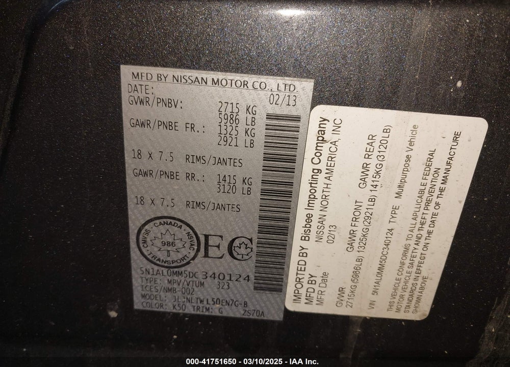 2013 INFINITI JX35 VIN: 5N1AL0MM5DC340124