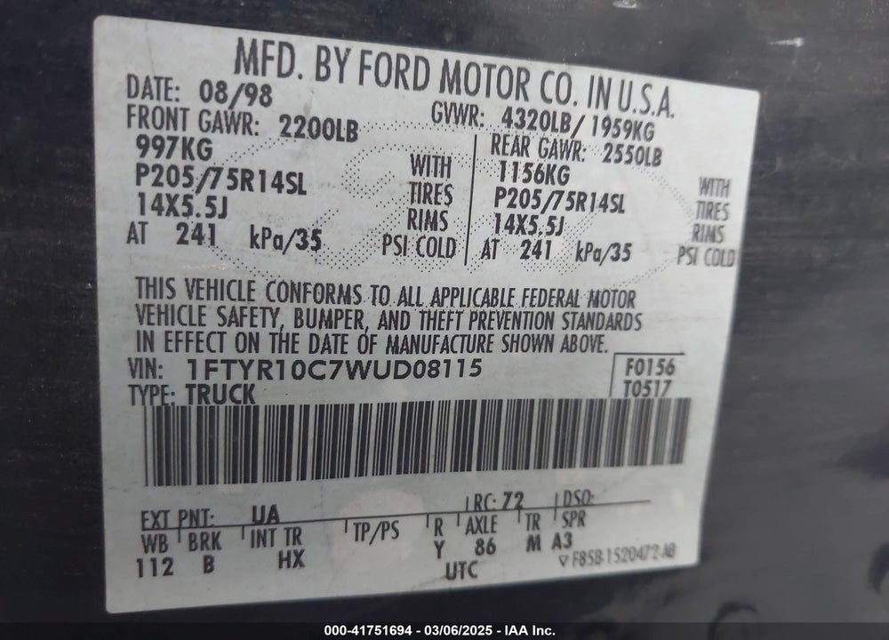 1998 FORD RANGER VIN: 1FTYR10C7WUD08115